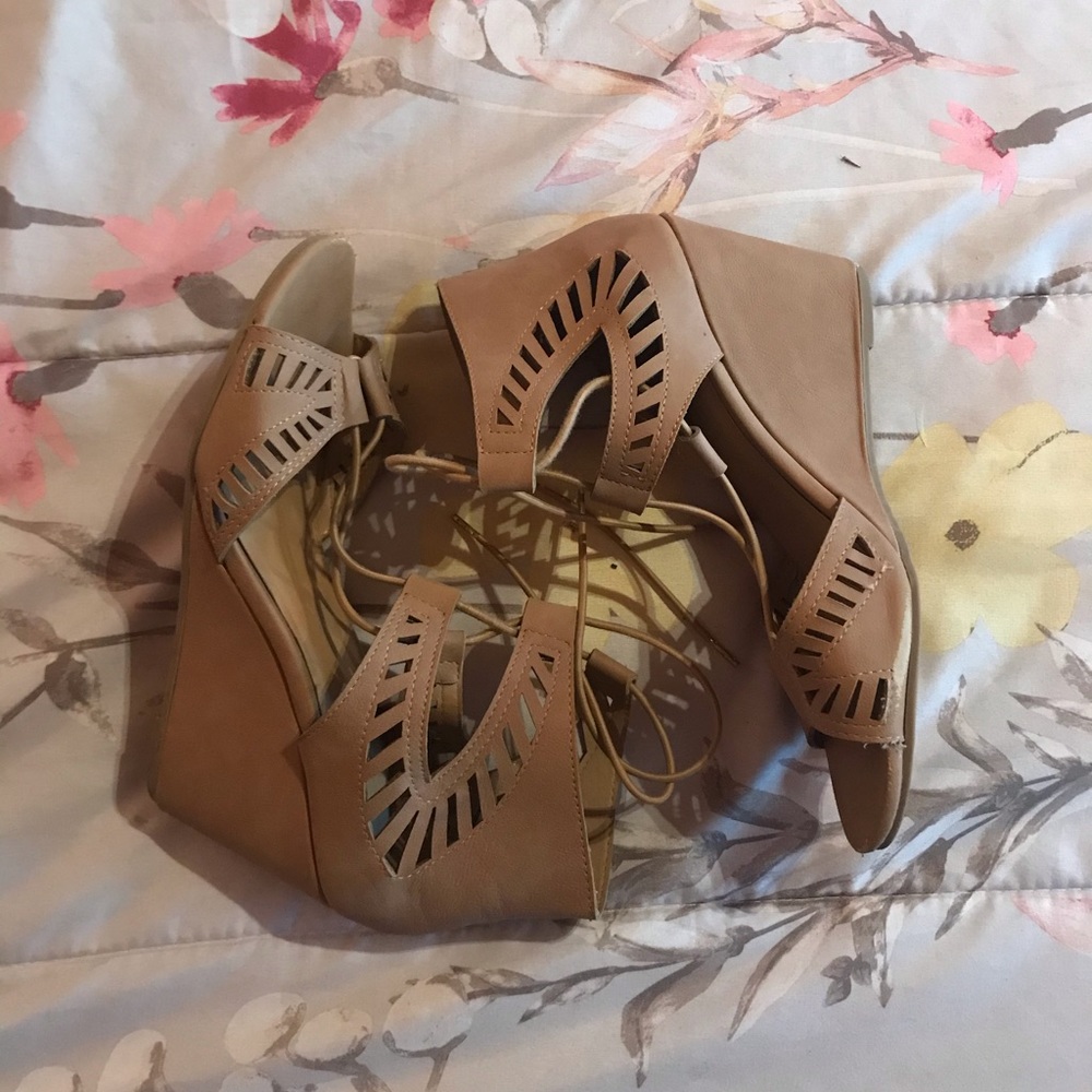 Nude lace up wedged heels